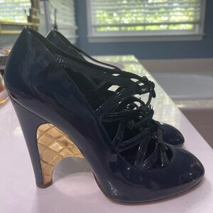 Chanel Navy Blue Patent Leather Quilted Gold Mary Jane Wedge Strap HeelsSize 36